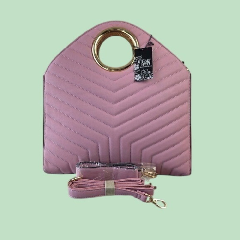 Fan & Hon Quilted Satchel Large Pink Gold Ring Handle Tote Bag Crossbody New